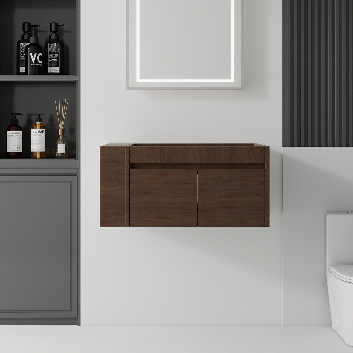 Floating Bathroom Vanity Cabinet, Soft Close Double Drawers, Open Side Storage, Wall Mounted, Cabinet Only
