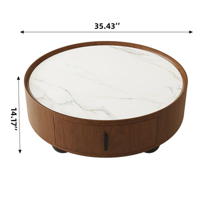 Round Coffee Table With Ball Feet, Pull Handle Storage Drawer - Bouguer Walnut / Brown