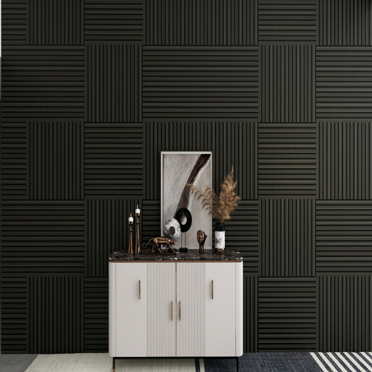 Acoustic Panels With Strip Design, Sound Absorbing Wall & Ceiling Panels (Set of 4) - Matt Black