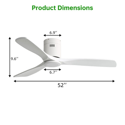 52" Flush Mount Ceiling Fan & Remote, No Light, 3 Blades, 6 Speed DC Motor For Indoor Patio - White