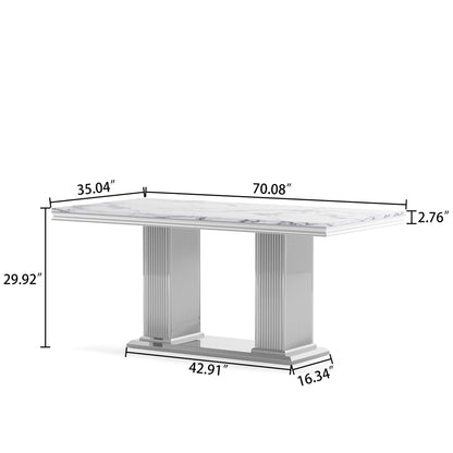 Marble Printed Top Rectangular Dining Table, Stainless Steel Base With Mirrored Finish