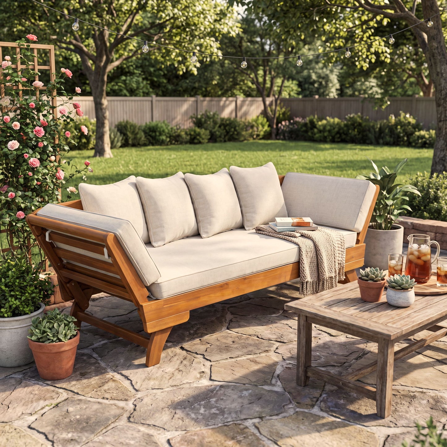 Outdoor Patio Daybed Sofa With Foldable Arm, 3 Seat With 4 Back Pillows - Beige / Teak