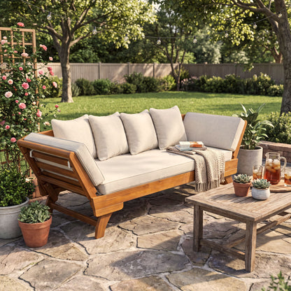 Outdoor Patio Daybed Sofa With Foldable Arm, 3 Seat With 4 Back Pillows - Beige / Teak