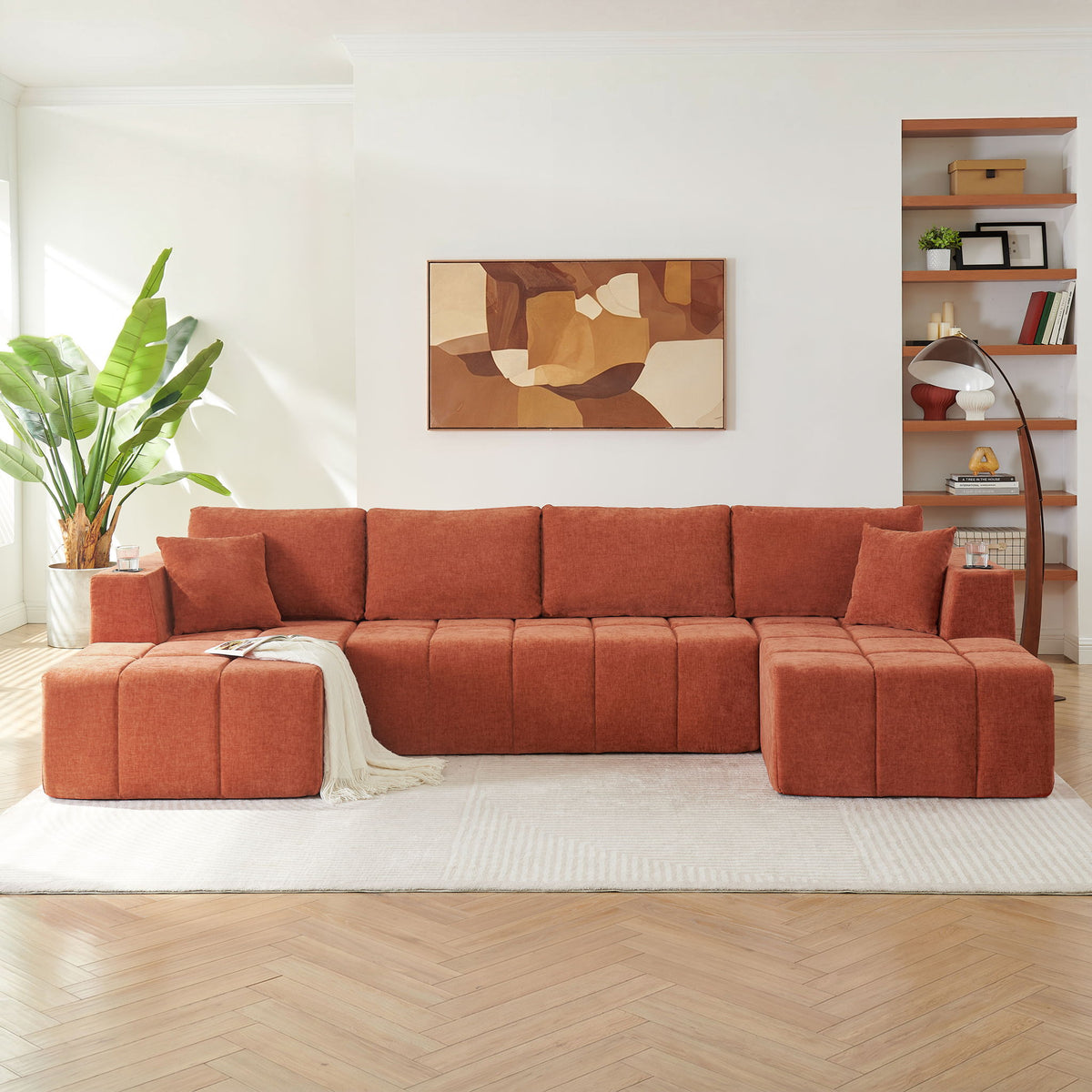 U - Shaped Sectional Sofa, Cup Holders & Side Pockets For Living Room