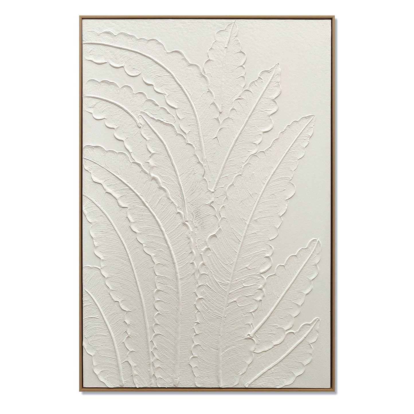 Framed Botanical Leaf Wall Art, Thick Textured Canvas Painting, Neutral Decor For Living Room - White