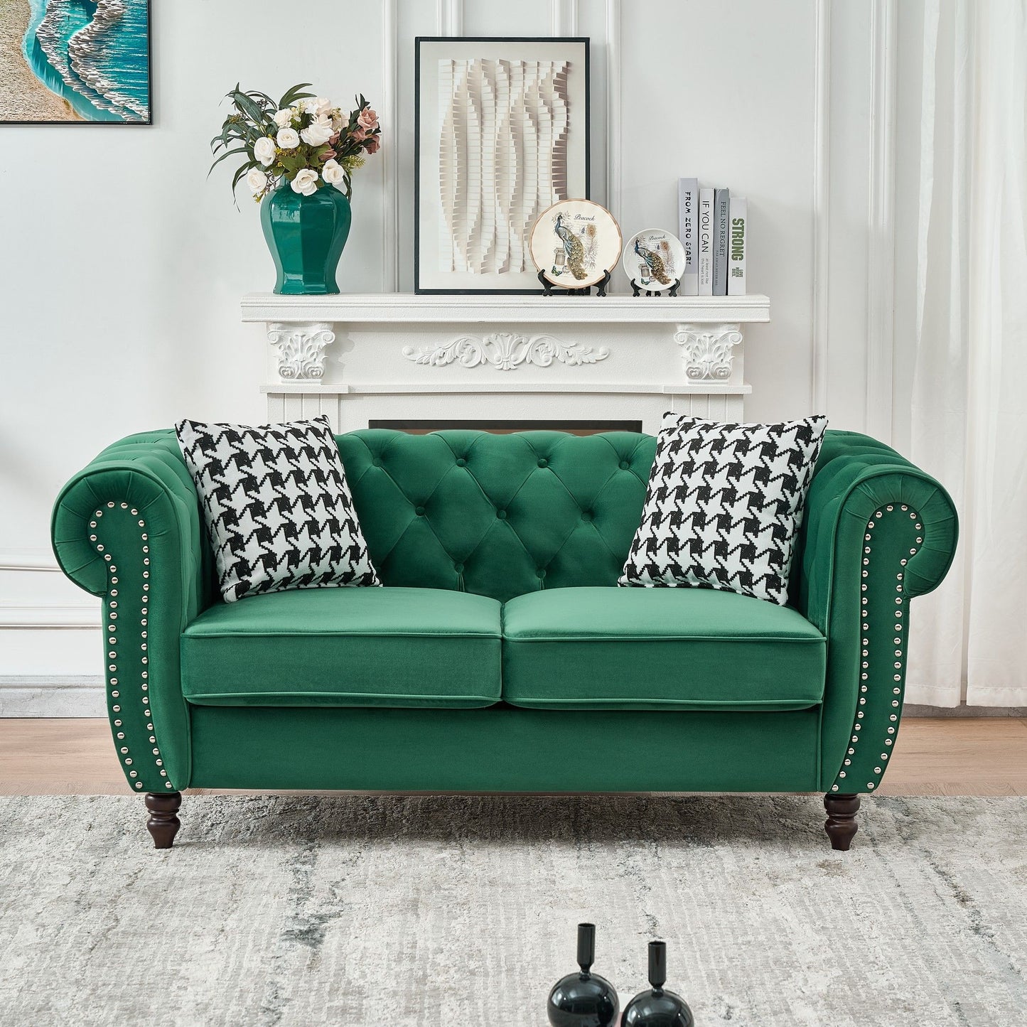 Chesterfield Fabric Sofa With Roll Armrest And Nailhead, Mid Century 2 Seater Couch