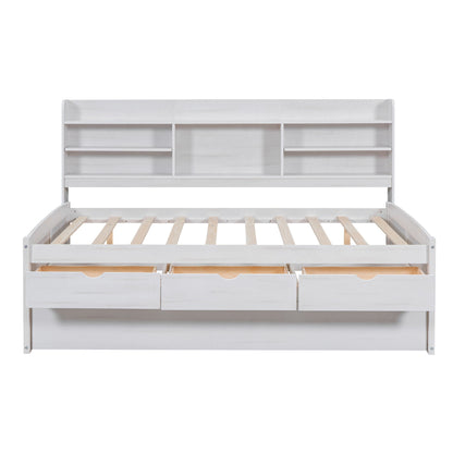 Captain Bed With Built In Bookshelves, 3 Storage Drawers, And Trundle