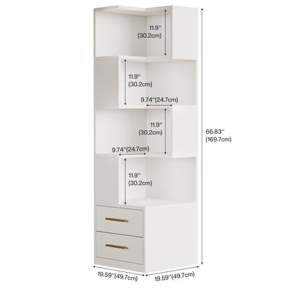 Corner Bookshelf With 2 Drawers, 5 Tier Bookcase For Apartment - White