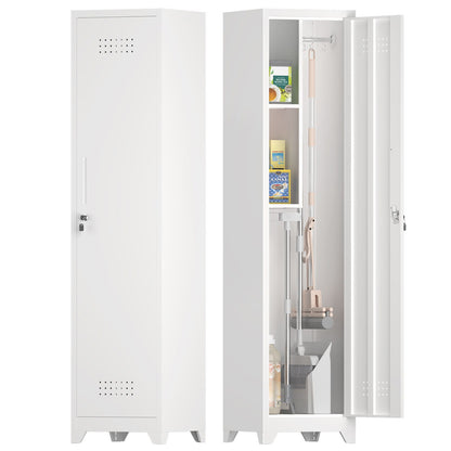 Broom Storage Cabinet Narrow Slim With Hooks And Shelves, Heavy-Duty