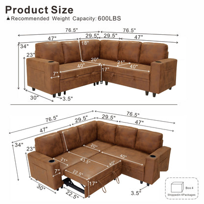 Upholstered L - Shape Sectional Sofa Bed With Pull Out Sleeper And Storage