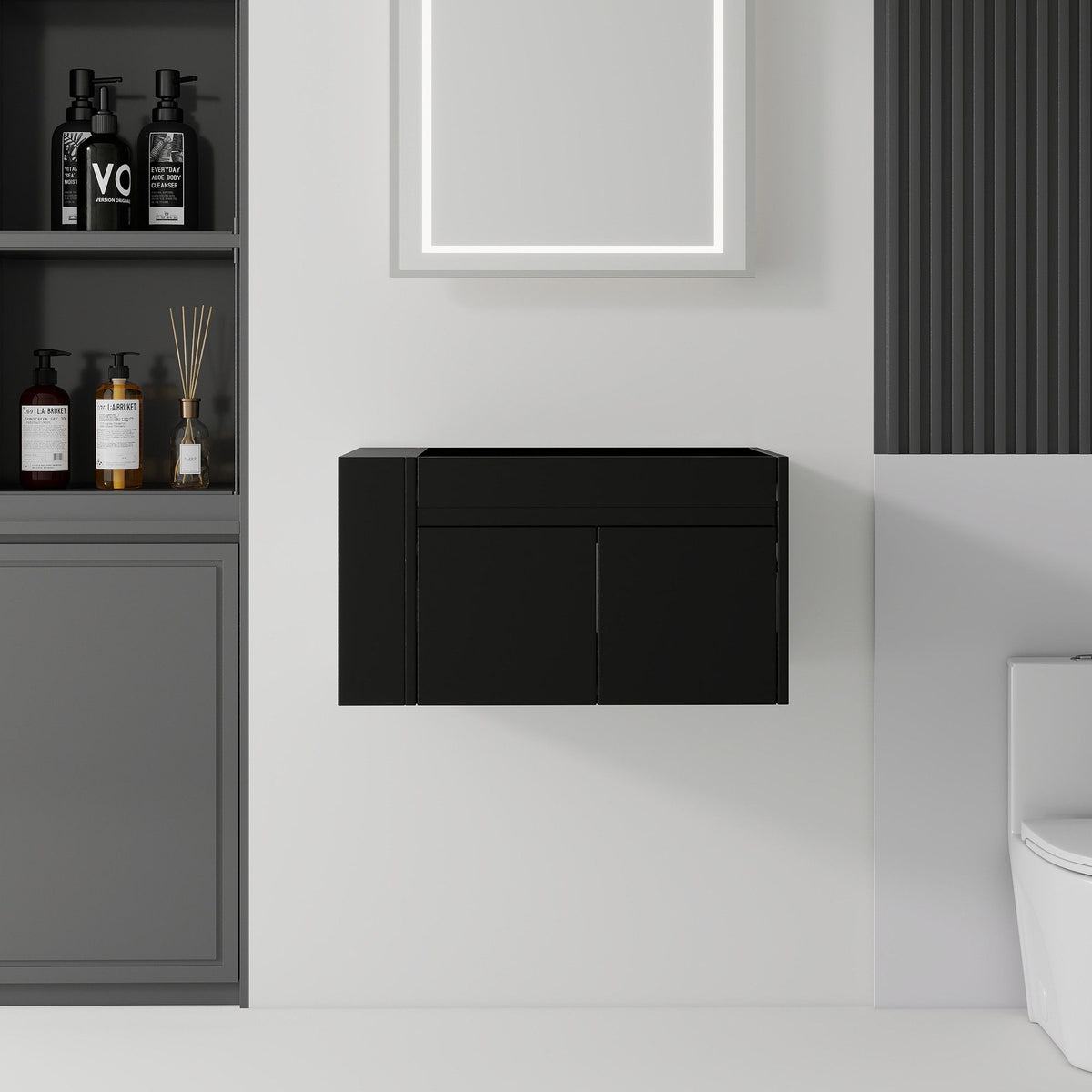 Floating Bathroom Vanity Cabinet, Soft Close Double Drawers, Open Side Storage, Wall Mounted, Cabinet Only