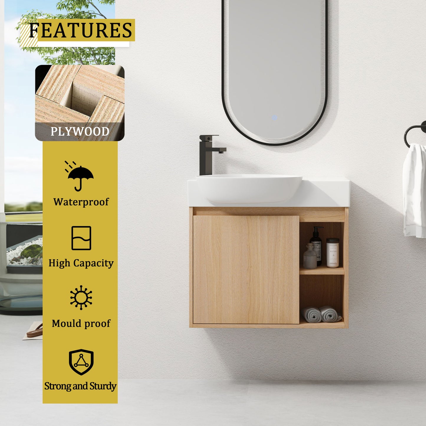 26" Wall Mounted Bathroom Vanity With Sink & Soft Close Door - Oak