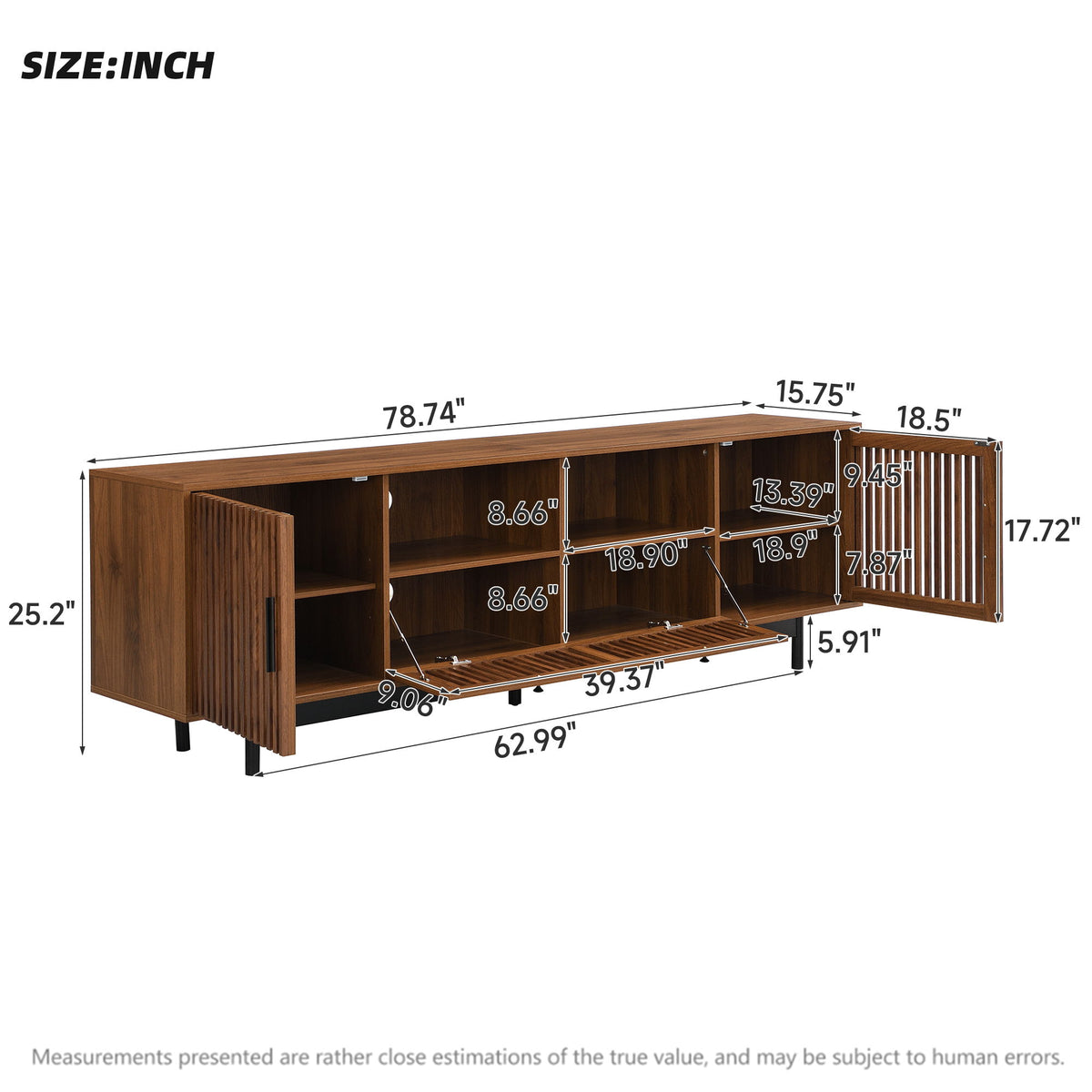 TV Stand, Entertainment Center With Slatted Doors, Cable Management, Soft Closing Hinges - Walnut