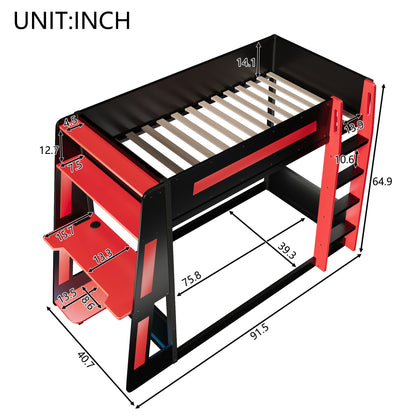 Gaming Bunk Bed With Desk, 2 Storage Shelves, USB And LED Light