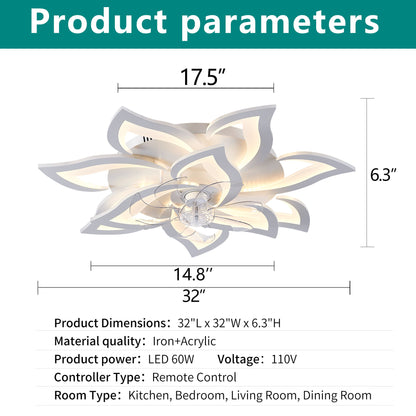 32" Flower Ceiling Fan With LED Dimmable Light, Low Profile Flush Mount Fan With Remote Control, 6 Speeds
