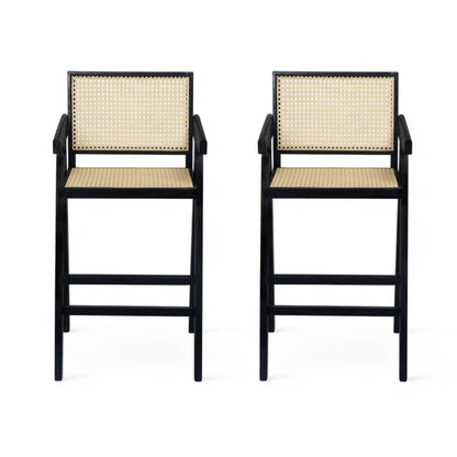 Modern Minimalist Bar Stool With Cane Seat - Black / Natural