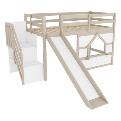 Loft Bed With Storage Stairs, Slide, Playhouse Window And 7 Colors LED Lights