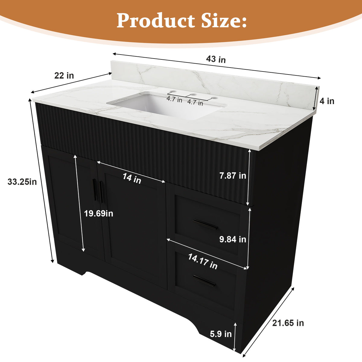 Bathroom Vanity Set, Fluted Cabinet, 3 Faucet Holes, Sink Included - Black