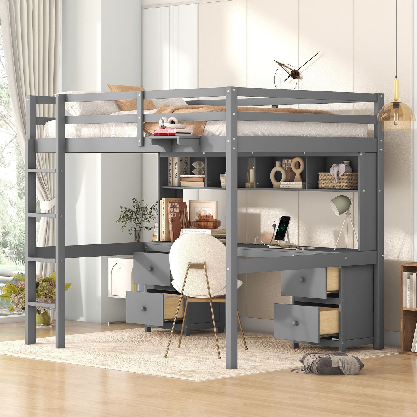 Loft Bed With Desk, Cabinets, Drawers, Charging Station And Bedside Tray