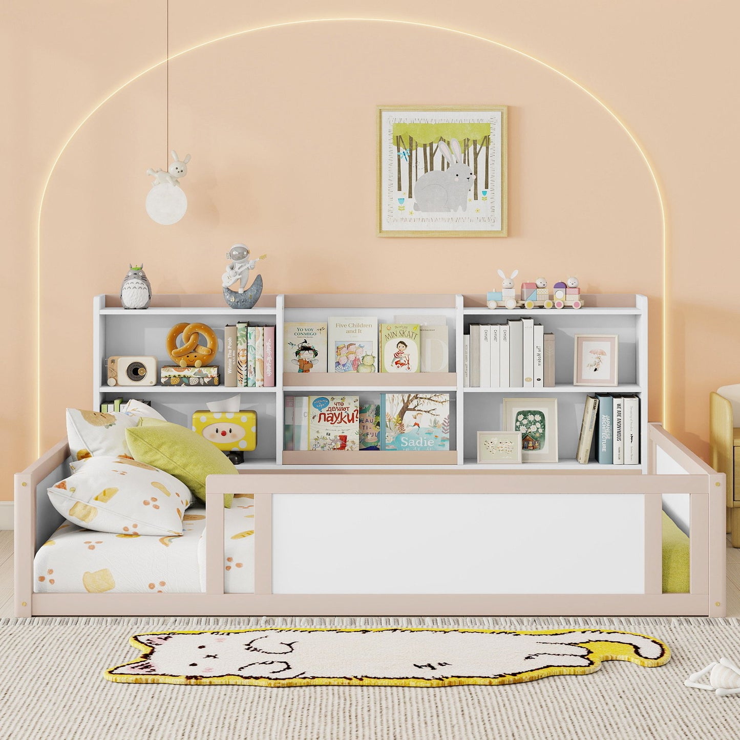 Platform Floor Bed With Guardrail Fence And Side Storage Shelves