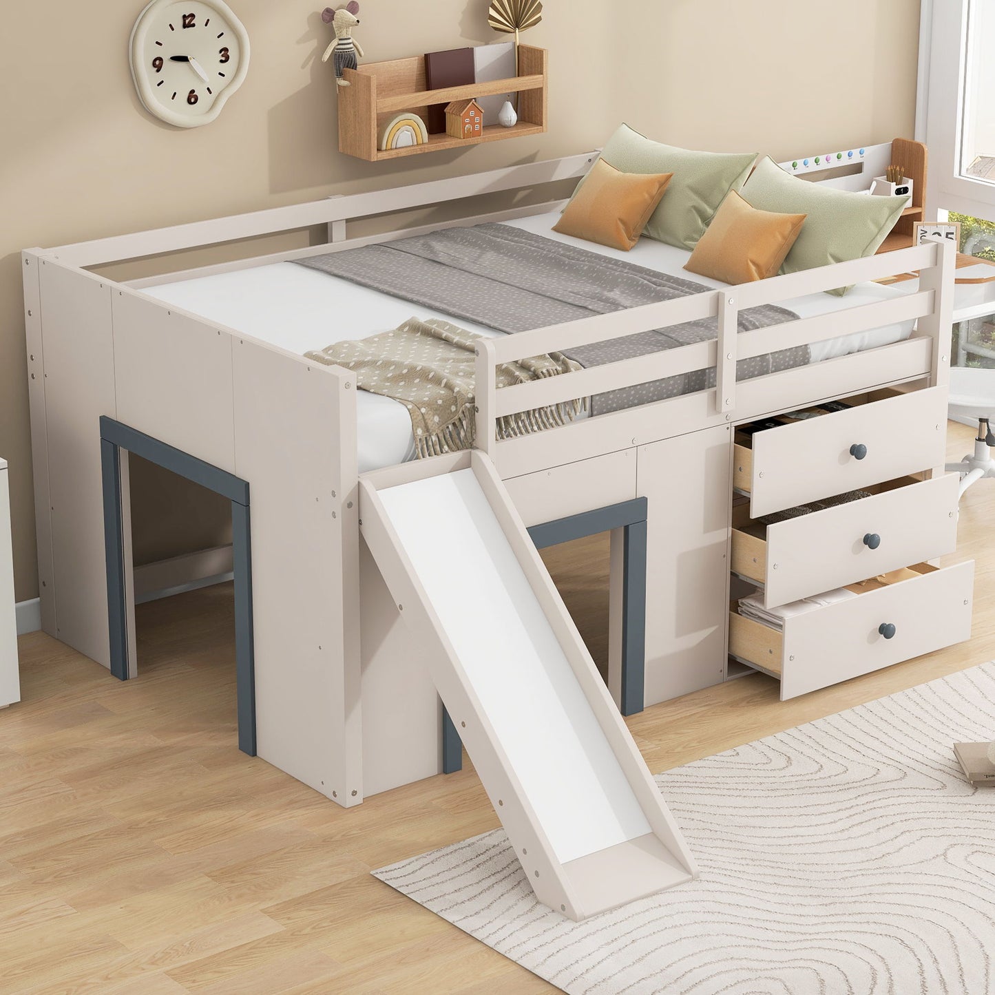 Modern Low Loft Bed With Slide, 3 Storage Drawers, And 2 Doors