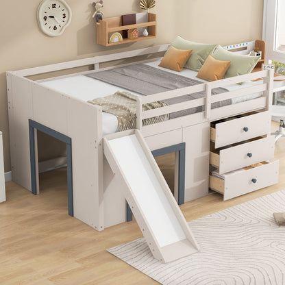 Modern Low Loft Bed With Slide, 3 Storage Drawers, And 2 Doors