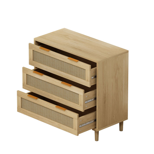 3 Drawer Storage Cabinet With Rattan Drawers For Bedroom, Living Room - Oak