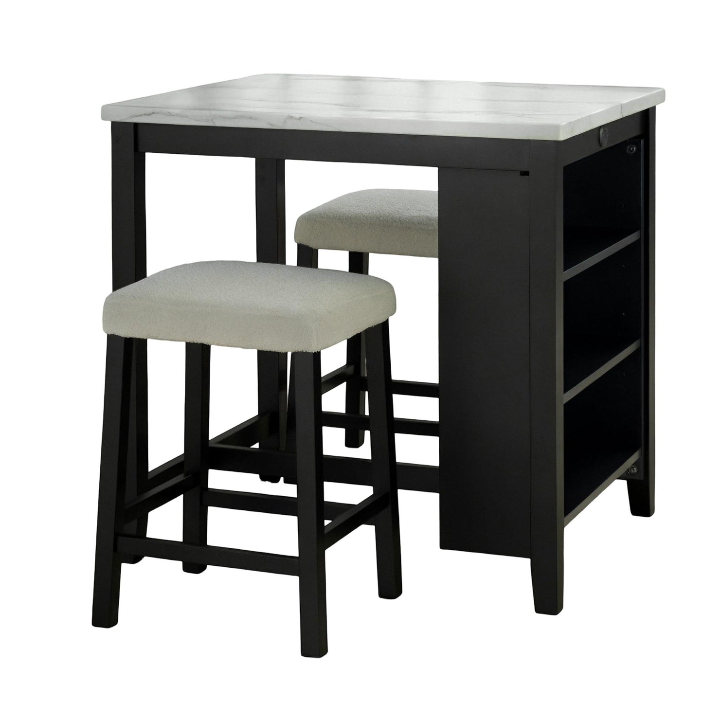 Dining Table Set With Storage Shelves, 3 Piece With 2 Stools - Black / Ivory / White