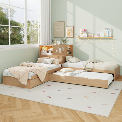 L-Shaped Bed Frame With Trundle, Built In Desk & LED Lighting