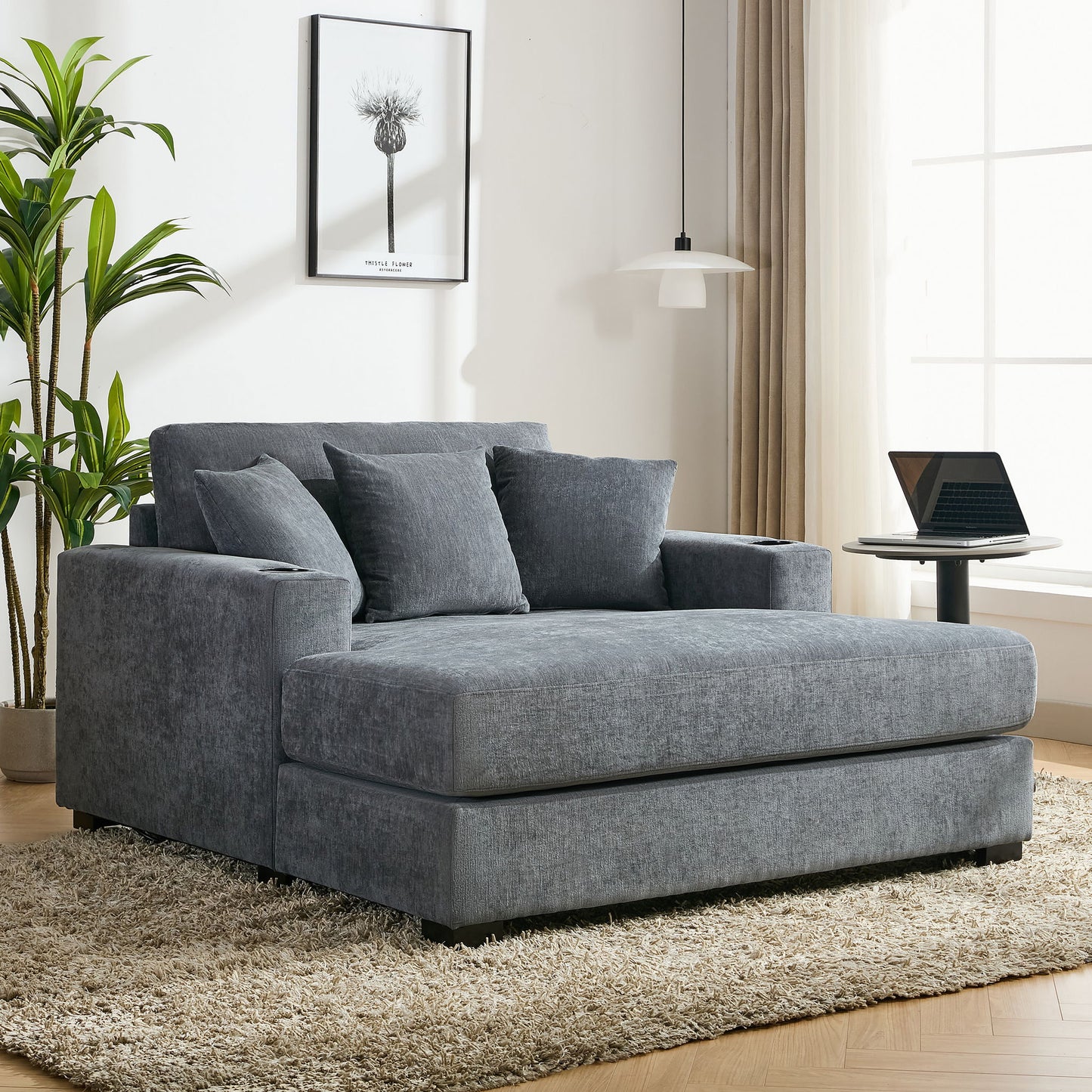 Oversized Chaise Lounger Modern Style Sofa Couch With Pillows, Charge Station & Cup Holders