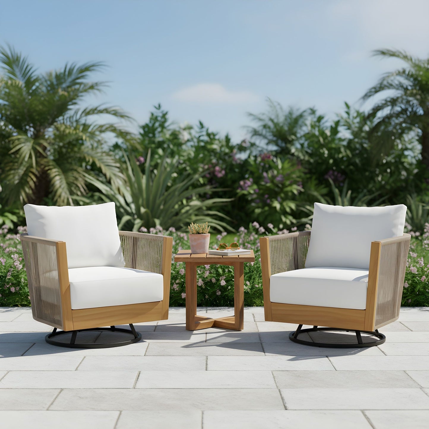 2 Swivel Chairs With Slat Top X Stretcher Side Table - Acacia Wood / Beige