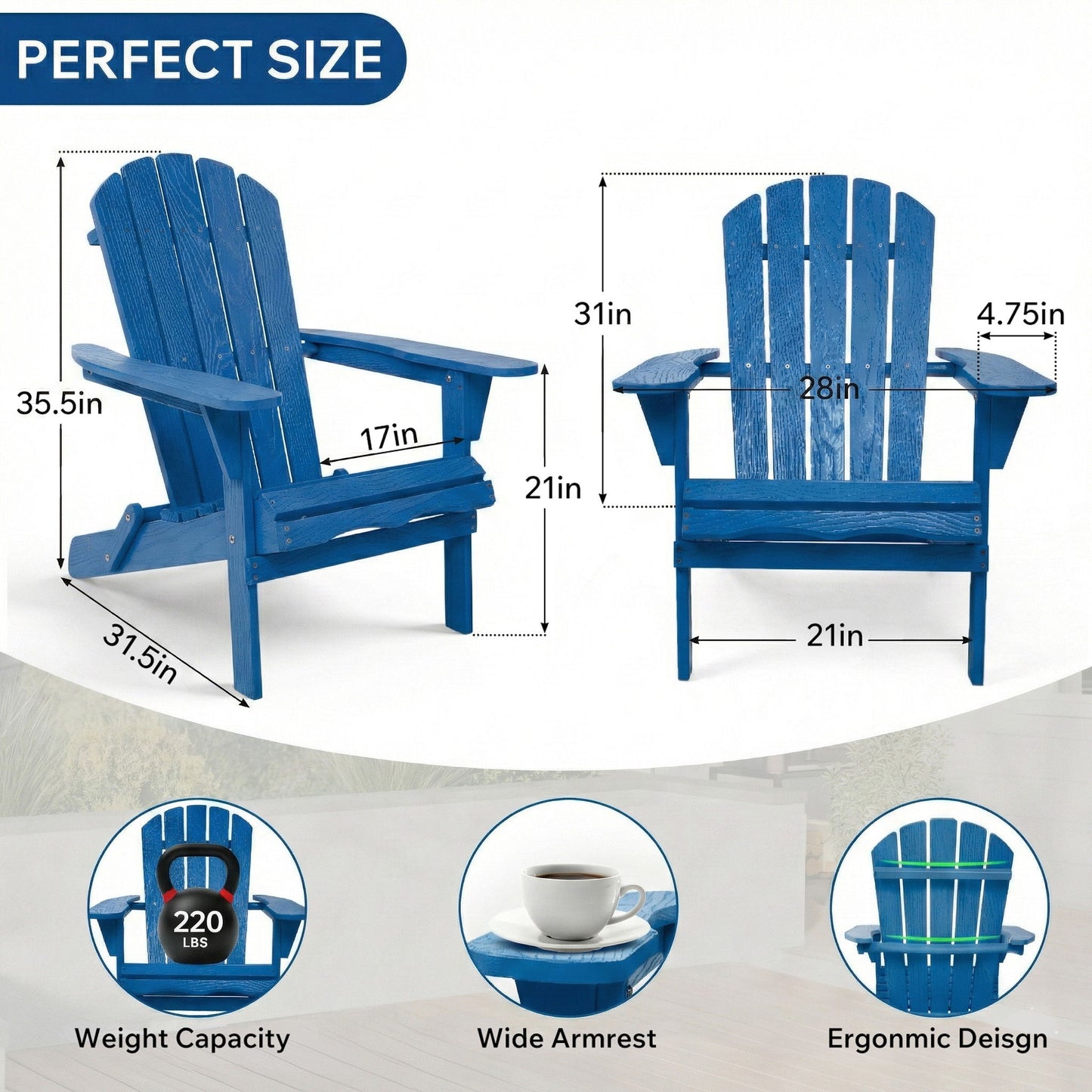 Folding Adirondack Lounge Chair With Embossed Grain For Patio, Backyard, Deck Or Pool Side - Navy Blue