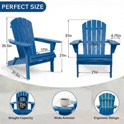 Folding Adirondack Lounge Chair With Embossed Grain For Patio, Backyard, Deck Or Pool Side - Navy Blue