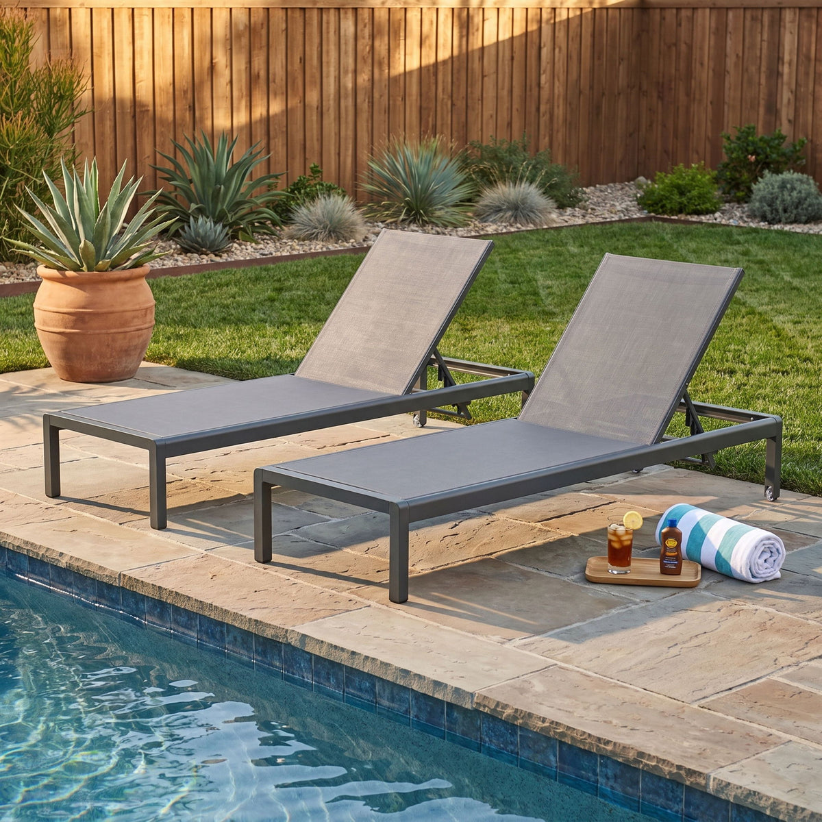 Outdoor Chaise Lounge, Patio Chaises With 5‑Position Adjustable Backrest & Wheels (Set of 2) - Dark Gray / Gray
