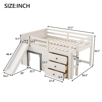 Modern Low Loft Bed With Slide, 3 Storage Drawers, And 2 Doors