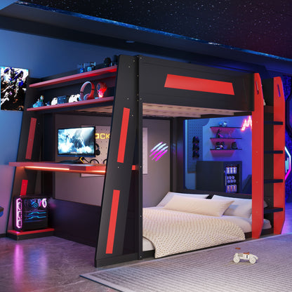 Gaming Bunk Bed With Desk, 2 Storage Shelves, USB And LED Light