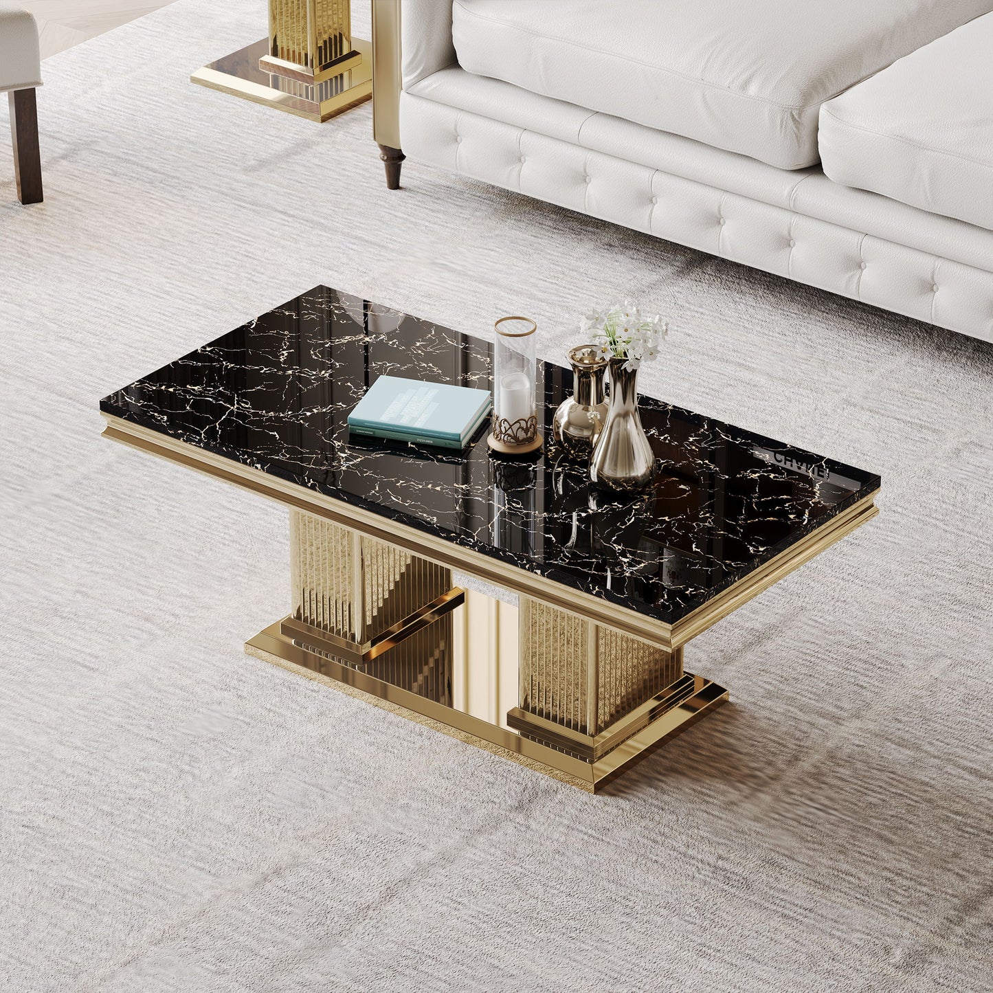 Marble Printed Top Rectangular Table, Stainless Steel Base With Mirrored Finish