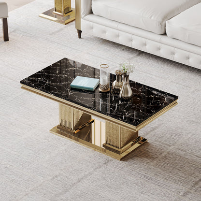 Marble Printed Top Rectangular Table, Stainless Steel Base With Mirrored Finish