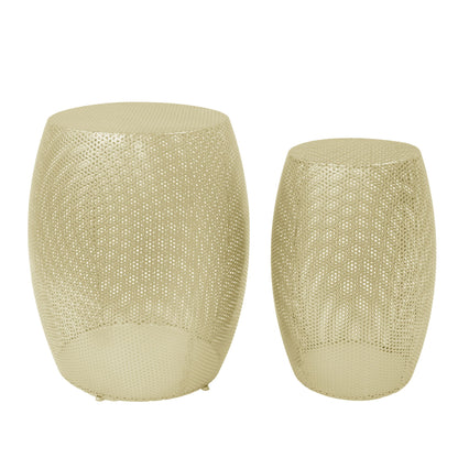 Modern Round Metal Hollow Side Table Set With Openwork Design - Gold
