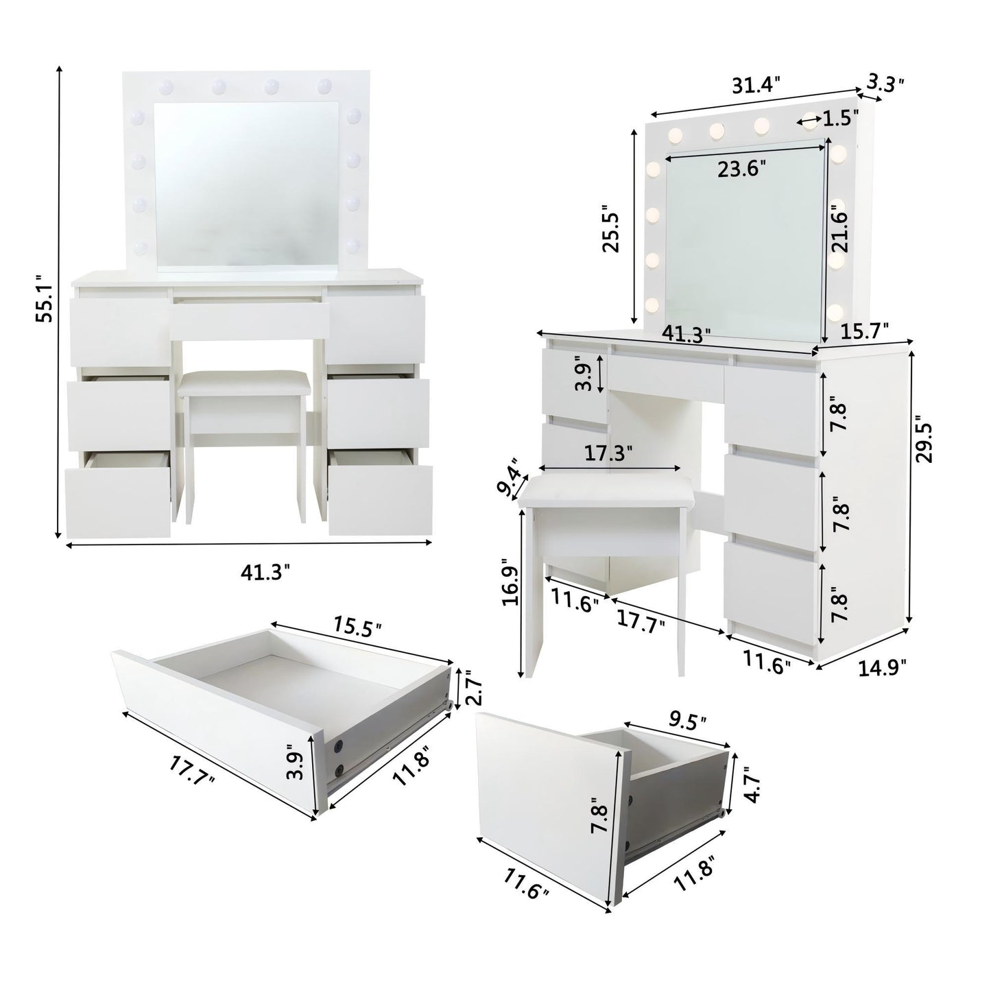Large Vanity Tables With Mirror And Light - Matte White