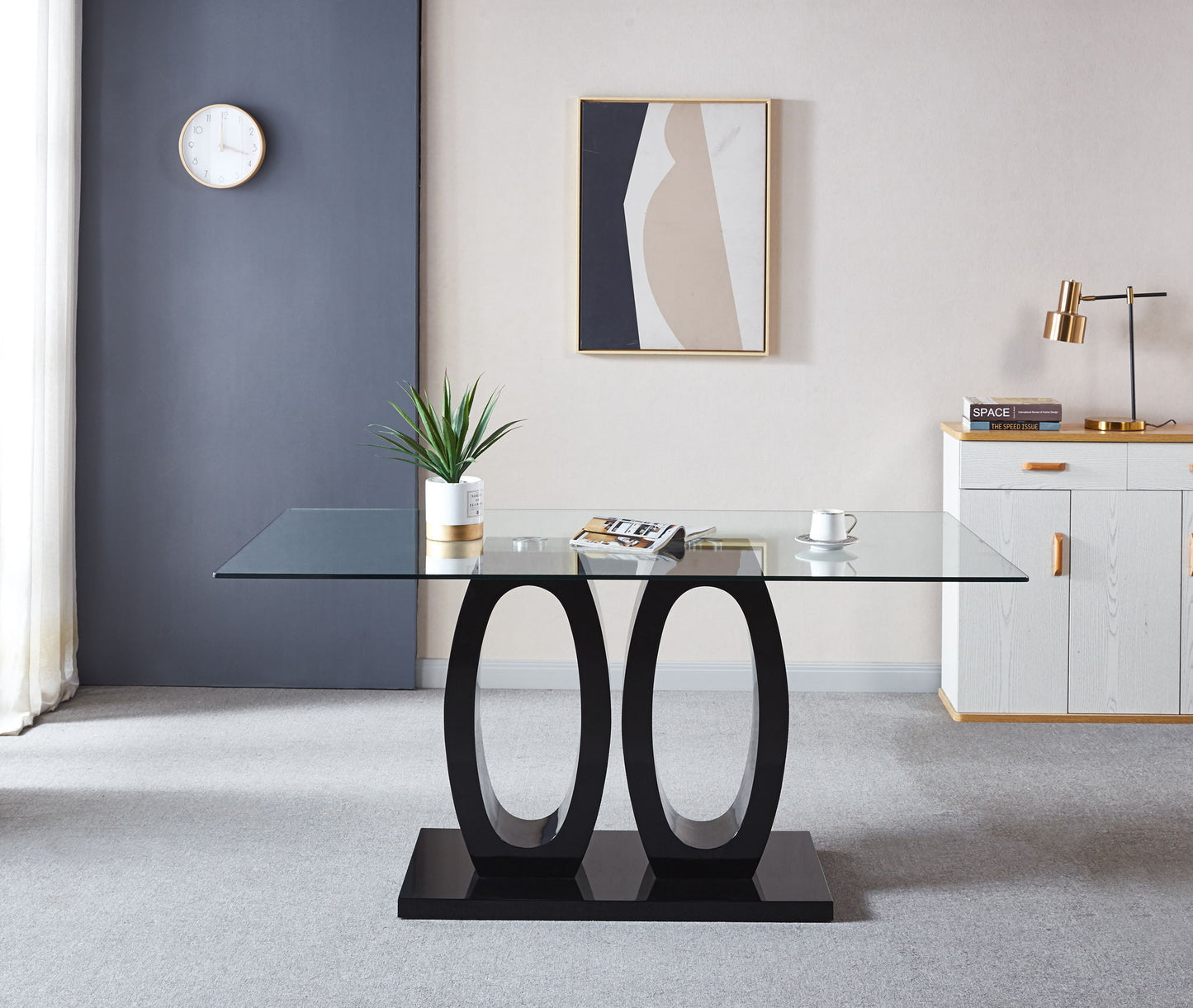 Contemporary Double Pedestal Dining Table, Tempered Glass Top