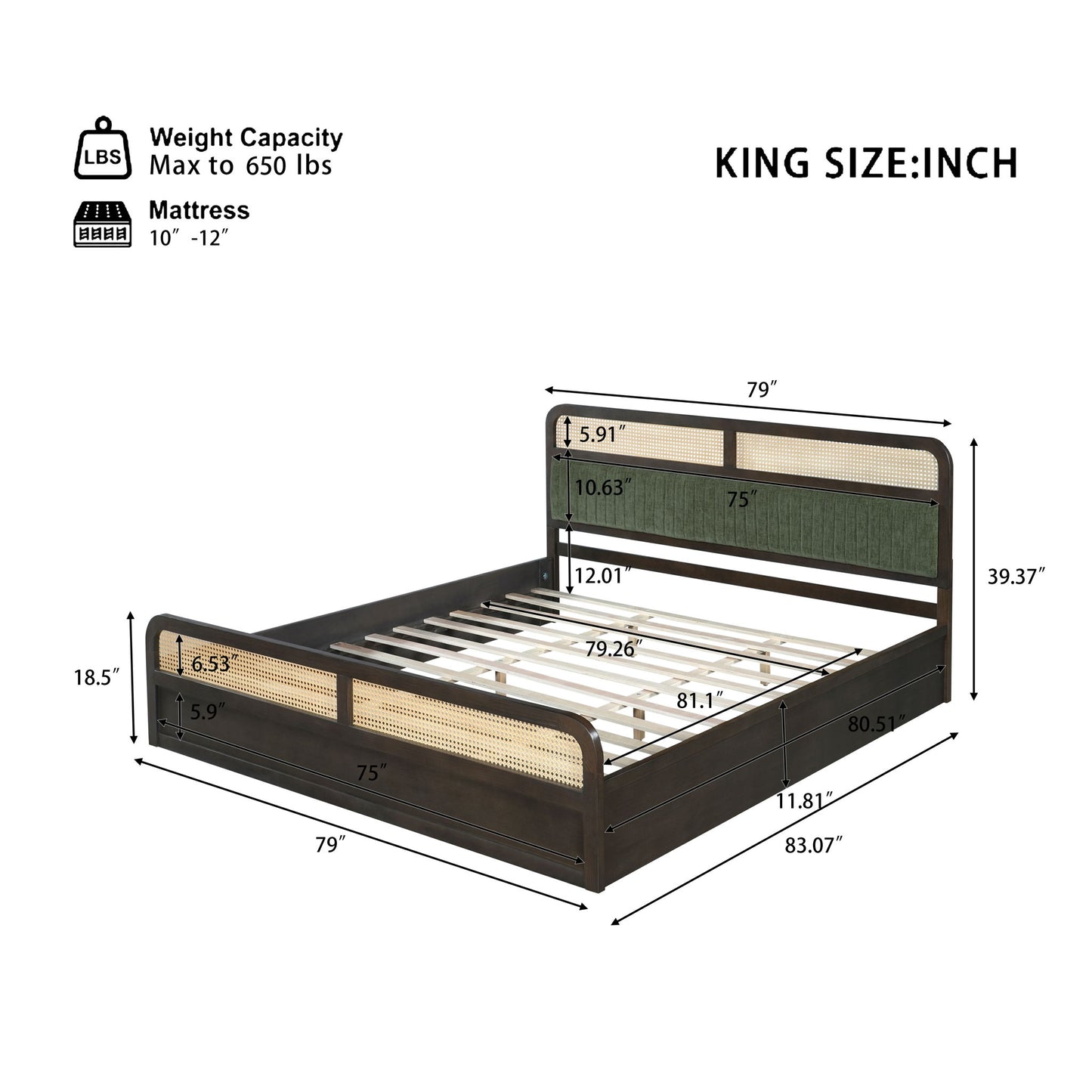 Platform Bed Frame With Rattan & Upholstered Headboard