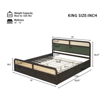 Platform Bed Frame With Rattan & Upholstered Headboard