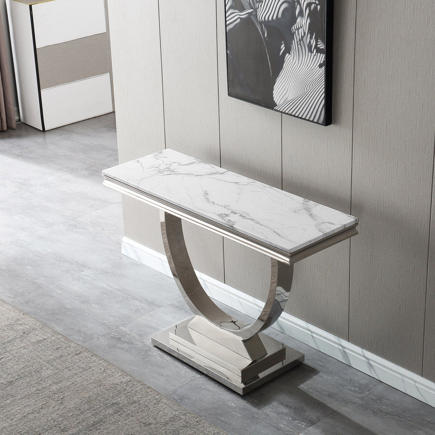 Modern Rectangular Marble Printing Console Table, U Shape Stainless Steel Base With Mirrored Finish