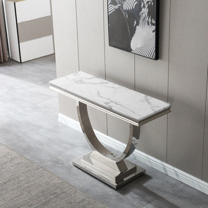 Modern Rectangular Marble Printing Console Table, U Shape Stainless Steel Base With Mirrored Finish