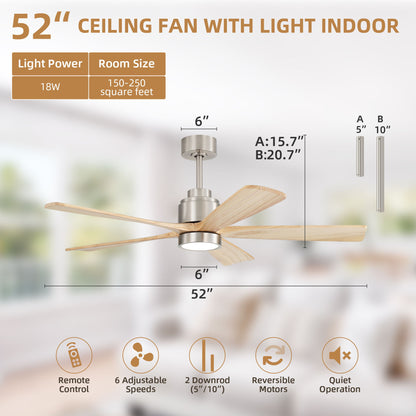 52" Ceiling Fan With Remote Control, Dimmable 3 Color Temperature LED Light, Quiet Reversible DC Motor