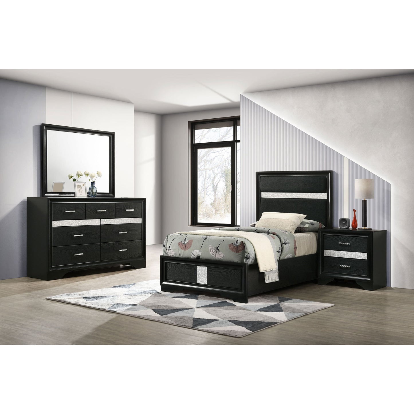 Modern Bedroom Set With Upholstered Headboard And Textured Storage