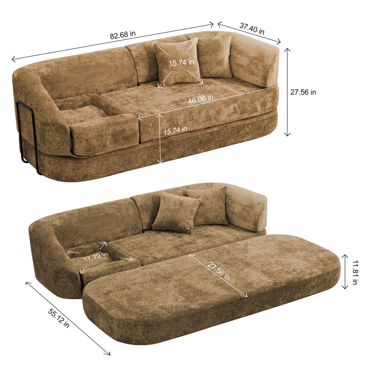 3 Seater Sofa With Built In Pet Bed Nook, Curved Design And 2 Throw Pillows