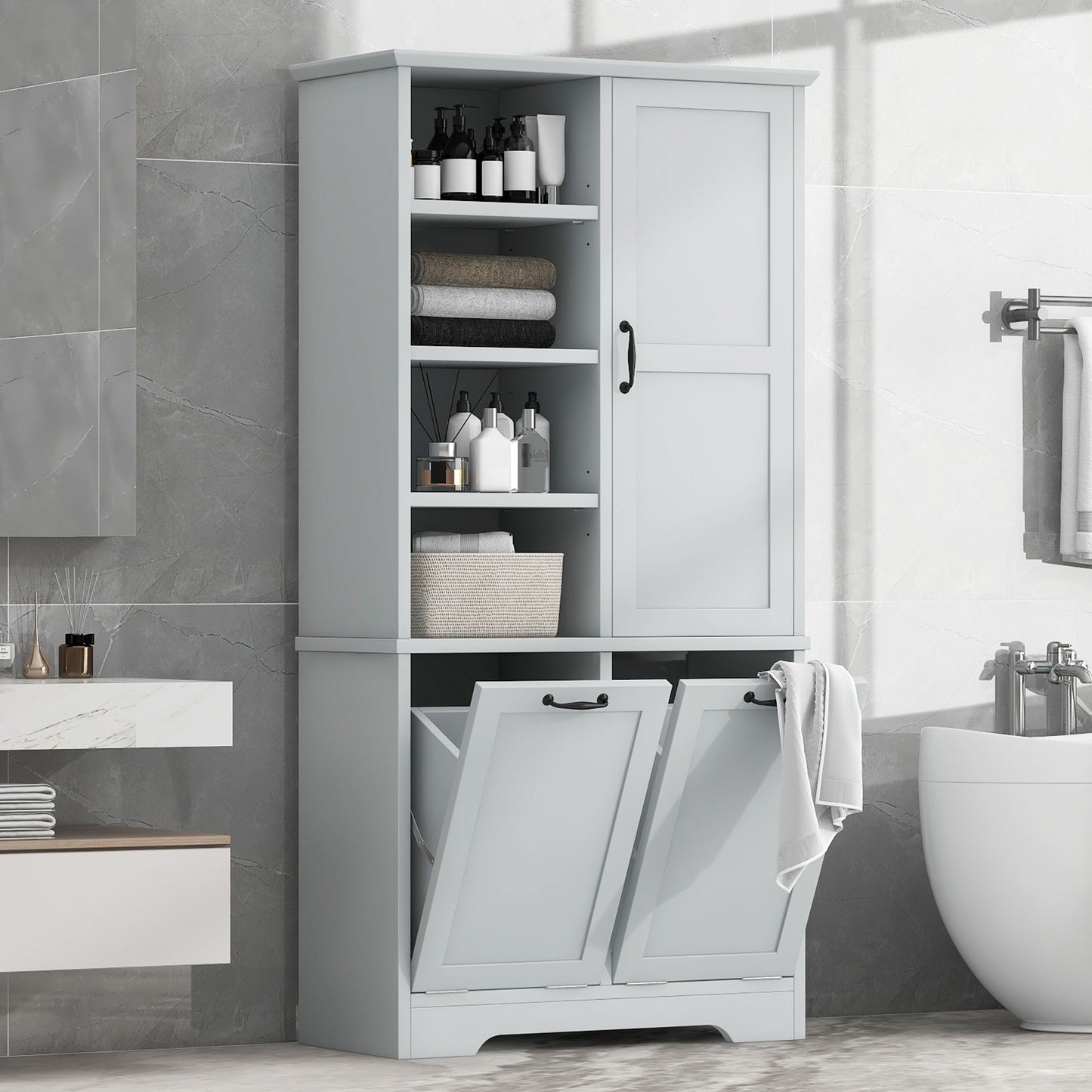 Freestanding Bathroom Storage Cabinet With Doors And Drawers, Adjustable Shelves, Tilt-Out Laundry Hamper