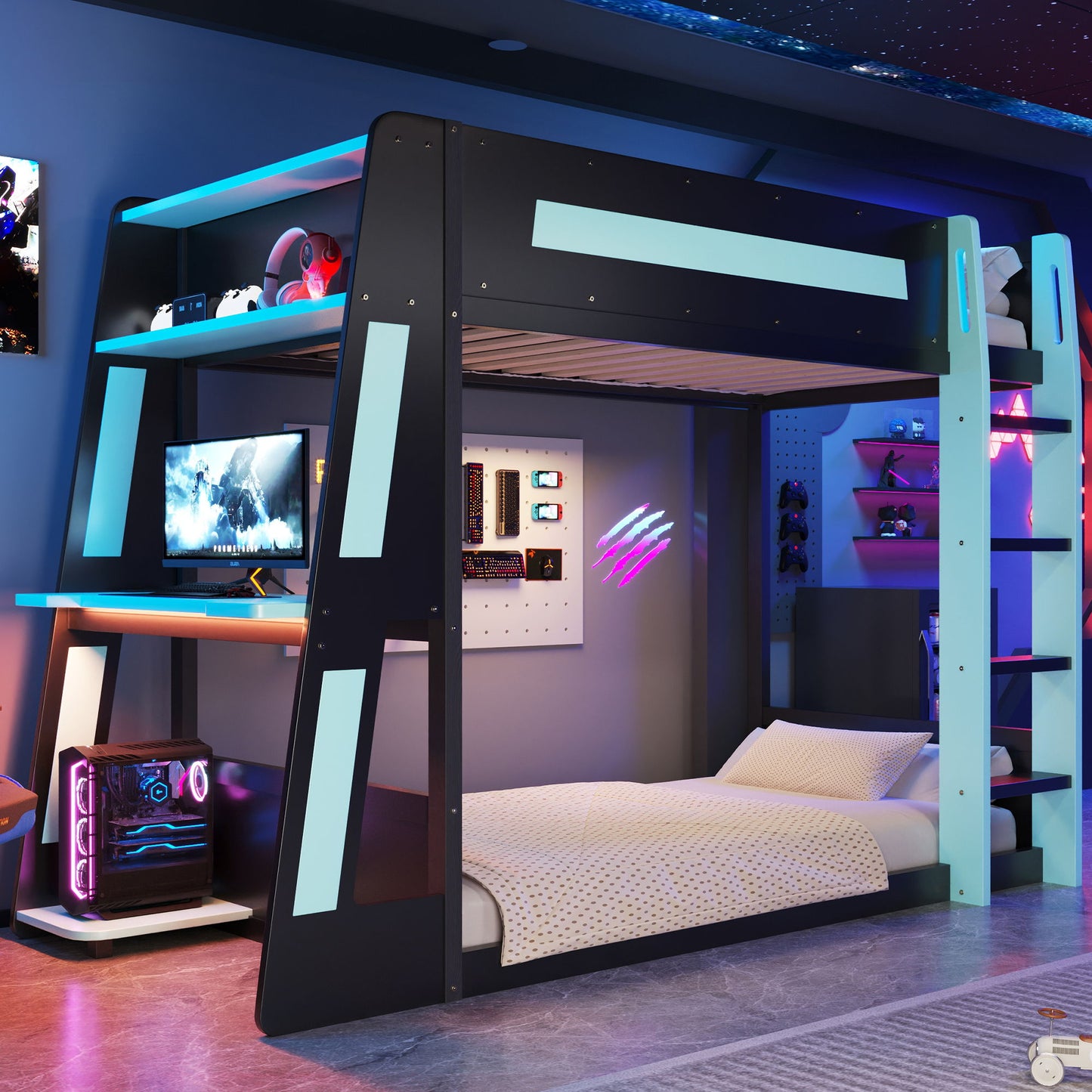 Gaming Bunk Bed With Desk, 2 Storage Shelves, USB And LED Light